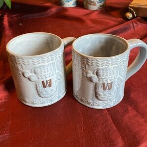 Anthropologie Coffee Mugs set of 2. “W” Monogrammed Mitten NWOT